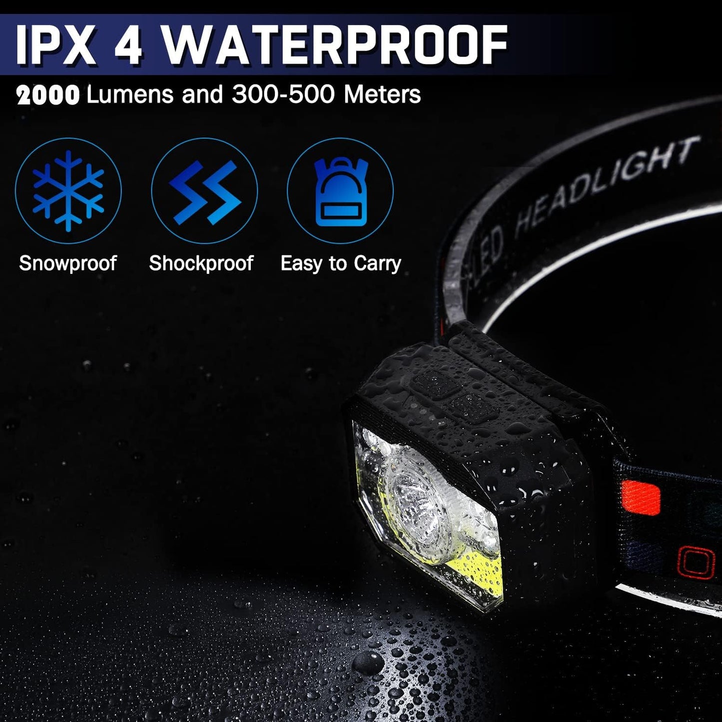 2-pakk laetav LED esilamp, 2000 luumenit 11 režiimi ja sensoriga, IPX4 veekindel